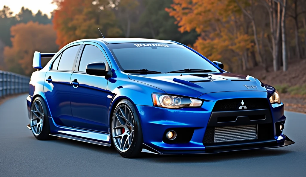 Imagine a Mitsubishi Evolution, its sleek body modified to perfection. Envision a vibrant, electric blue hue, 'Evolution Blue,' that seems to shift and shimmer in the light. The wheels, a gleaming silver, are forged from the strongest alloys, designed to handle the intense power of the turbocharged engine. The exhaust system, a masterpiece of engineering, emits a deep, throaty growl that announces the Evolution's presence to all who will listen. The interior, a cocoon of luxury and technology, features premium leather and suede, with a dashboard that shines like polished chrome. The seats, designed for comfort and support, cradle the driver and passenger in style. The steering wheel, wrapped in the finest leather, feels like an extension of the driver's own hands. The Evolution is a symphony of power, style, and innovation – a true masterpiece of automotive art
