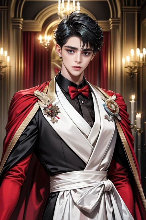 masterpiece, 最high quality, high quality, 1 boy, alone, Male focus, Upper Body,Watching the audience, Messy black hair, Adorable big blue eyes, White, Noble, Noble,A black and red cape that is bursting with sexy volume、Tuxedo、A very voluminous, large, very large, very large, long, long red and black cape with a high stand-up collar, made of a lot of fabric that reaches down to the floor., ,cute beautiful,Cute, cute, kind, handsome guy