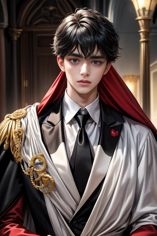 masterpiece, 最high quality, high quality, 1 boy, alone, Male focus, Upper Body,Watching the audience, Messy black hair, Adorable big blue eyes, White, Noble, Noble,A black and red cape that is bursting with sexy volume、Tuxedo、A very voluminous, large, very large, very large, long, long red and black cape with a high stand-up collar, made of a lot of fabric that reaches down to the floor., ,cute beautiful,Cute, cute, kind, handsome guy