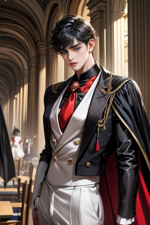 masterpiece, 最high quality, high quality, 1 boy, alone, Male focus, Upper Body,Watching the audience, Messy black hair, Adorable big blue eyes, White, Noble, Noble,A black and red cape that is bursting with sexy volume、Tuxedo、A very voluminous, large, very large, very large, long, long red and black cape with a high stand-up collar, made of a lot of fabric that reaches down to the floor., ,cute beautiful,Cute, cute, kind, handsome guy