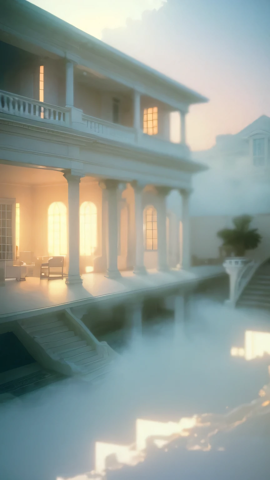 a white dreamy house, balcony, retro, foggy, soft focus, year of 1995, cool lighting, muted pastel colors, glowing atmosphere, dramatic, cinematic composition, dream-like quality, ethereal, romantic, soft focus photography, golden hour, windy, marble, golden and mirrors, hazy, thick fogs