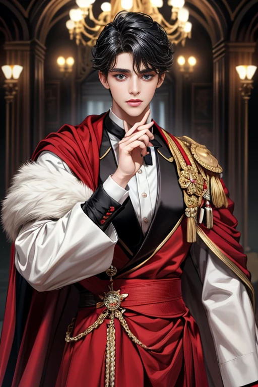 masterpiece, 最high quality, high quality, 1 boy, alone, Male focus, Upper Body,Watching the audience, Messy black hair, Adorable big blue eyes, White, Noble, Noble,A black and red cape that is bursting with sexy volume、Tuxedo、A very voluminous, large, very large, very large, long, long red and black cape with a high stand-up collar, made of a lot of fabric that reaches down to the floor., ,cute beautiful,Cute, cute, kind, handsome guy