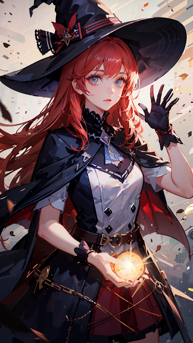 impressionist, ray tracing, backlighting, masterpiece, accurate, textured skin, detailed, high quality, high resolution, super detail, 1080p, detailed face, detailed eyes, multicolored hair, hair over shoulder, witch hat, magical girl, ((waving glowing wand)), blue clothing, dark navy cape, meteor shower in background