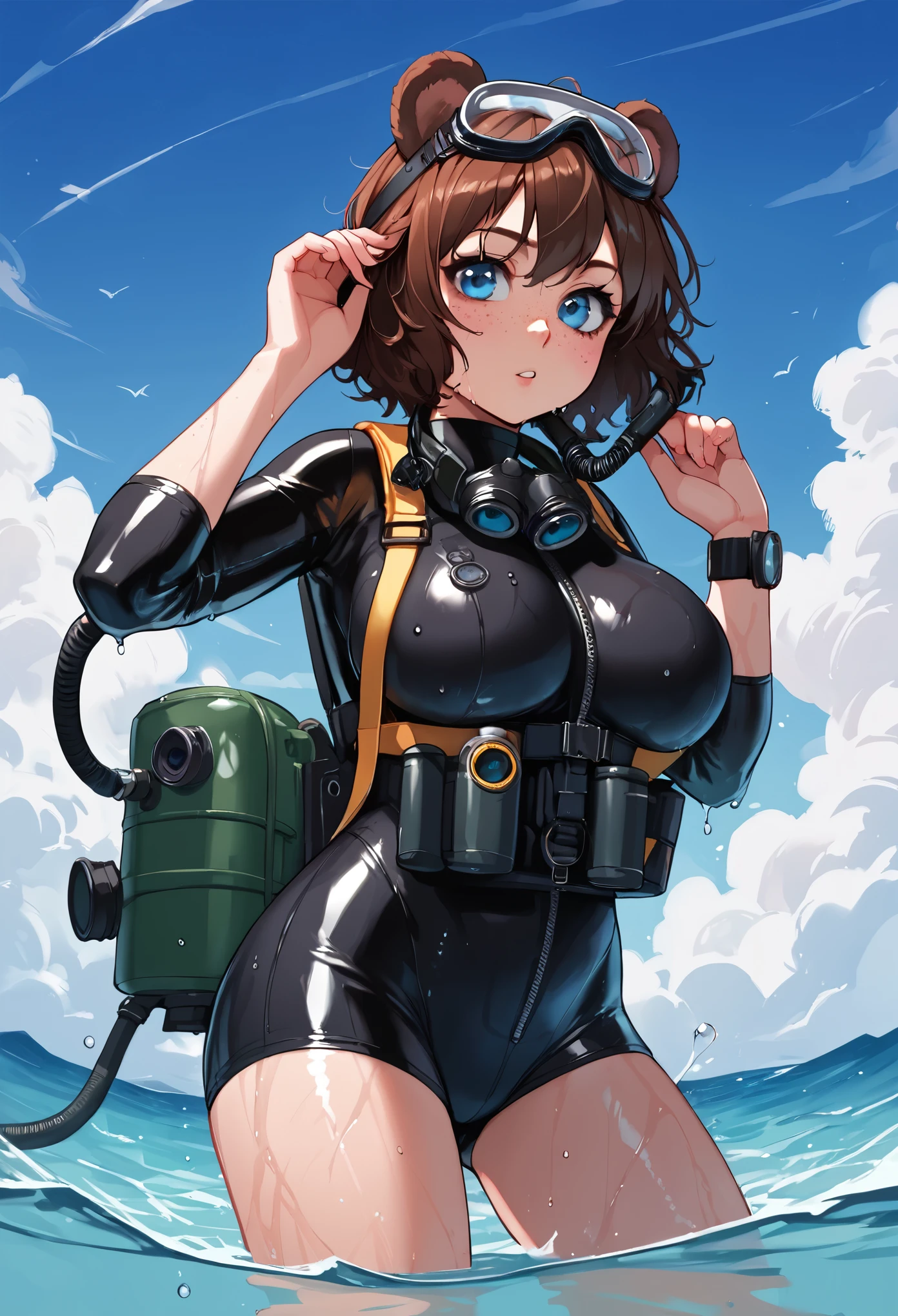 score_9_up, score_8_up, score_7_up, 1girl, solo, source_anime, hourglass figure, Big breasts, kemonomimi, bear ears, brown hair, short hair, messy_hair, blue eyes BREAK freckles, scuba, scuba gear, black one-piece swimmsuit, goggles on head, wading, looking at viewer, looking away, ocean, blue sky, clouds, scuba tank, adjusting goggles, (soaked, wet)