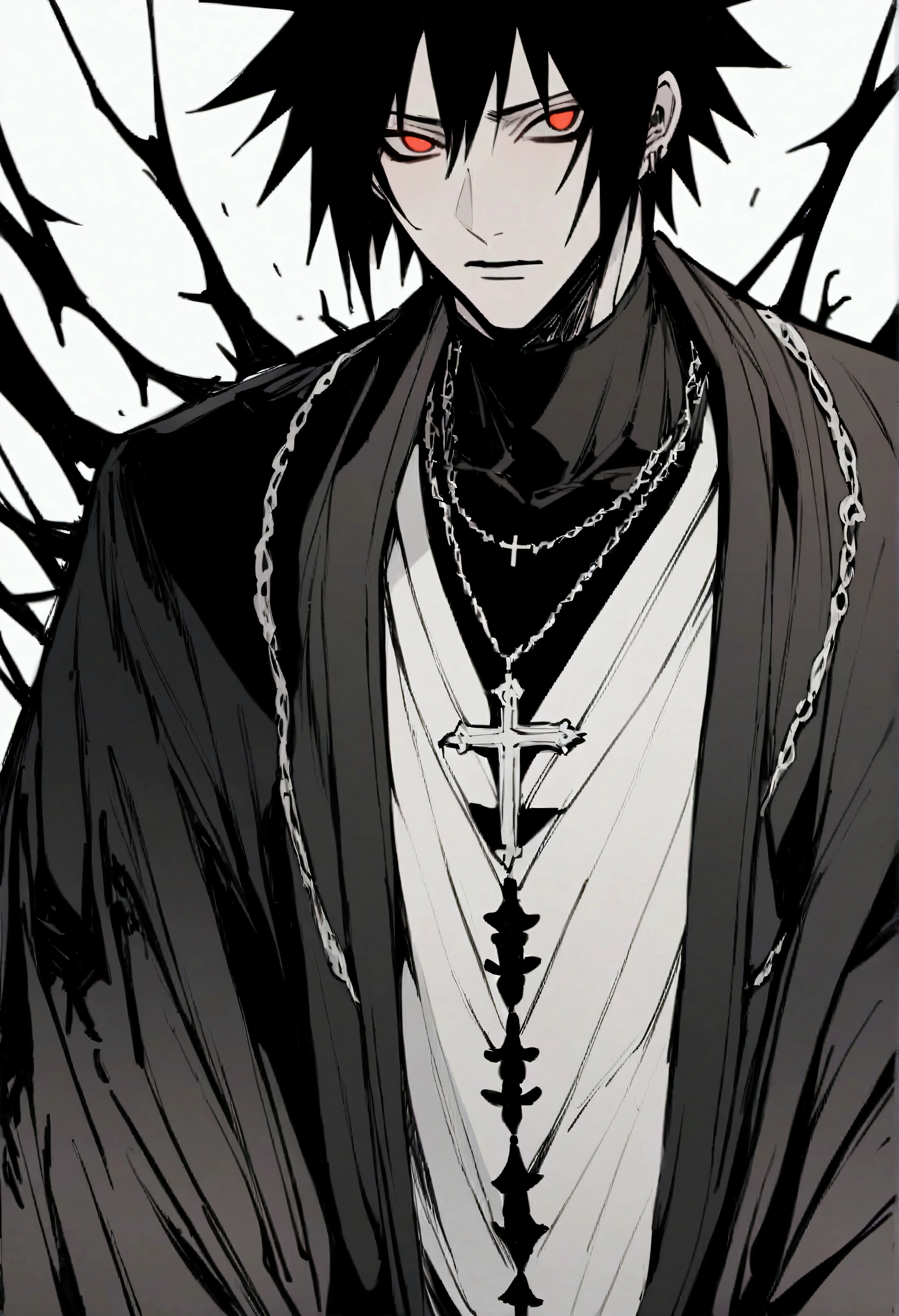 Masterpiece、Highest quality、Super detailed、sasuke\(naruto\),  sh4dowre4lm, uocssh4dowre4lm, shadowrealm, shadow, shadow realm, dark, horor, fear, darkest, nightmare, sh4dowre4lm, 独奏, black hair, gloves, 1boy, white background, jewelry, full body, male focus, necklace, cross, cross necklace,