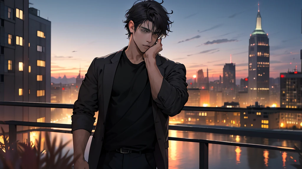1man,masterpiece,best quality, ultra high res, dusk,cityscape,depth of field, short black messy hair, solo male,with different expressions that exist