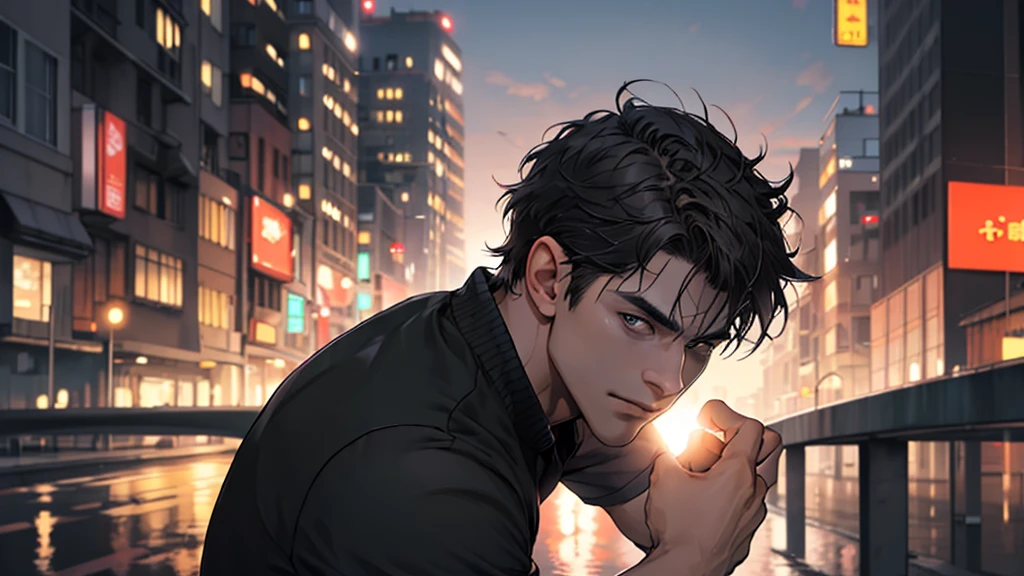 1man,masterpiece,best quality, ultra high res, dusk,cityscape,depth of field, short black messy hair, solo male,with different expressions that exist