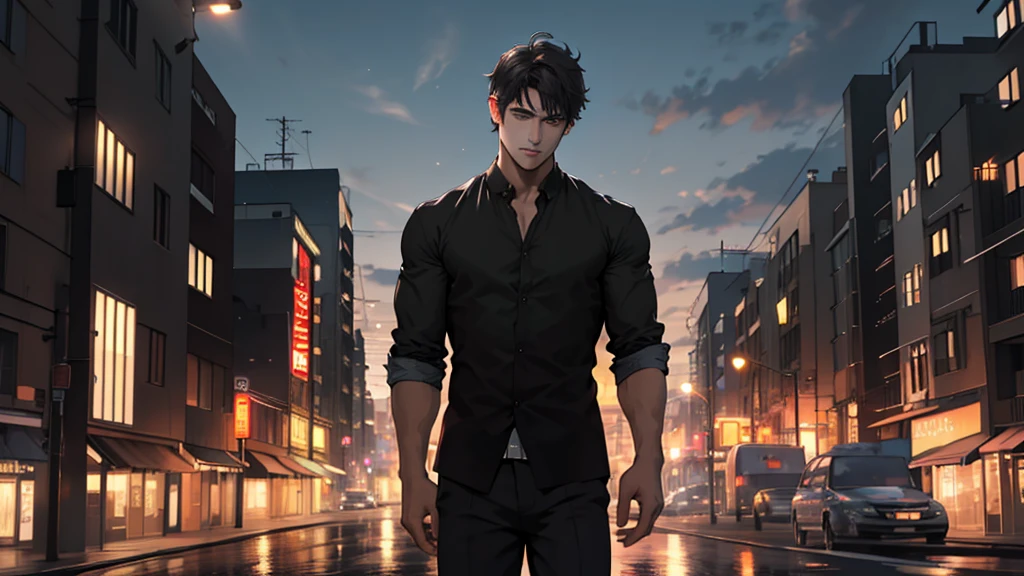 1man,masterpiece,best quality, ultra high res, dusk,cityscape,depth of field, short black messy hair, solo male,with different expressions that exist