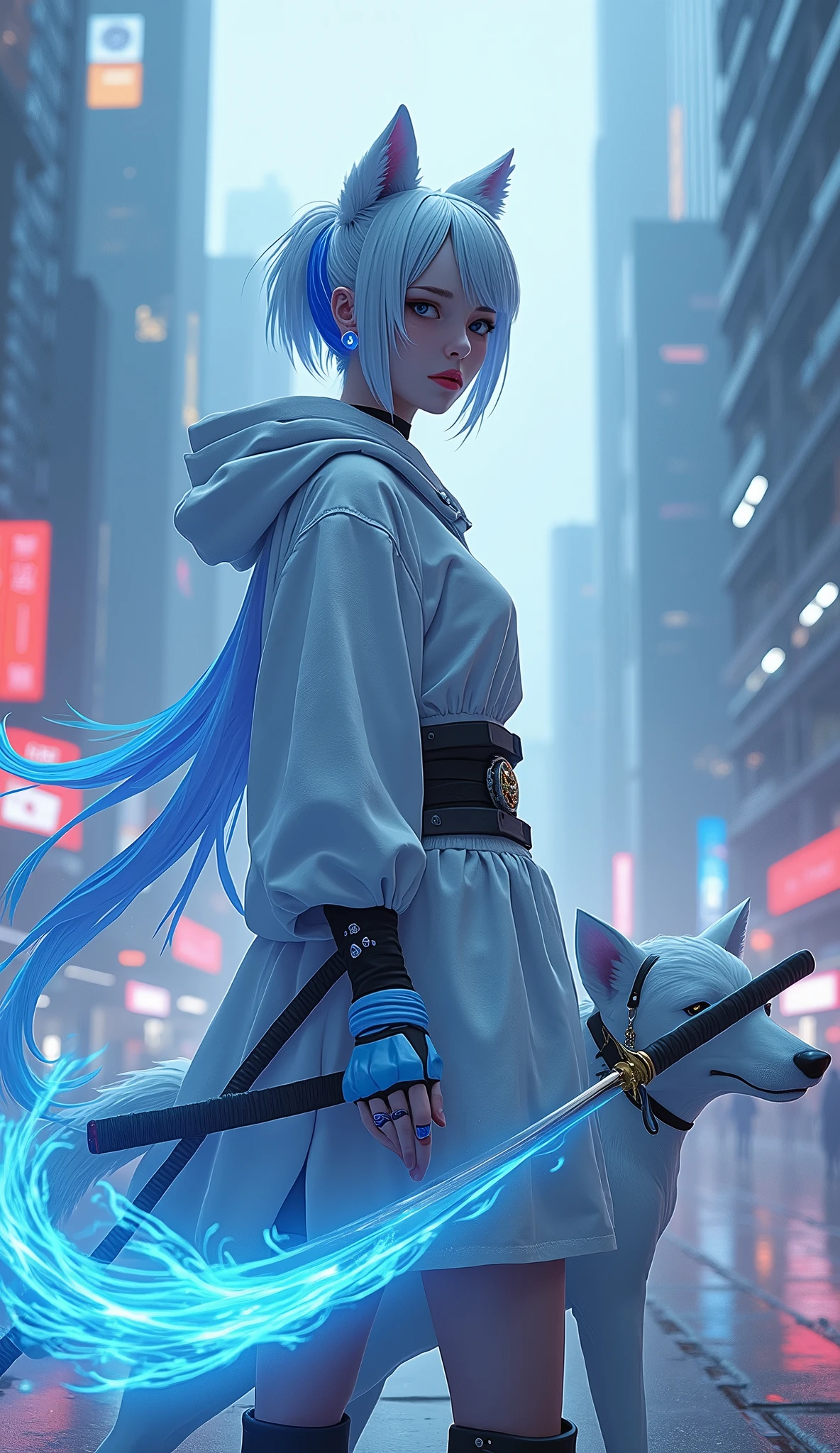 - **appearance**: The character has white and blue hair which is retained from the original version., but with more feminine facial features and a slimmer body shape.
- **Clothes**: The characters wear modern clothing with a futuristic blue and white theme., still using katana with blue fire.
- **Companion**: The wolf dog following the blue and white theme still accompanies the character..
- **Background**: The background maintains the cyberpunk feel with a futuristic city view..