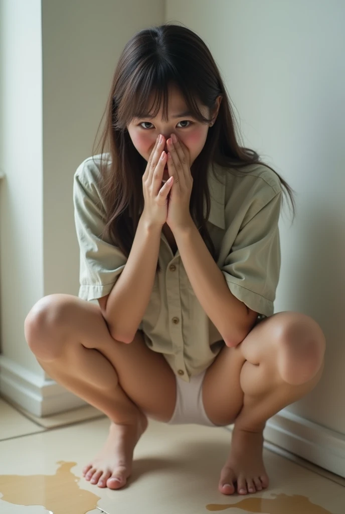 photoshoot, 16K、Cute junior high school student showing off her white panties、Crying face、(((From below:1.5)))、Squat、Spread r legs、Clear liquid dripping from pussy、Urine leaks and creates puddles on the floor.、Reveal school uniforms、Underboob、stomach、Vagina、Lower Anal、Lower thighs