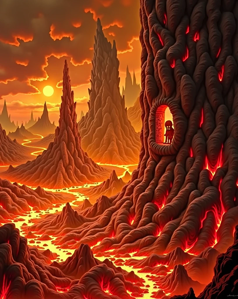 The whole picture is like magma，Lava Tree，The magma building，The world of magma，There is a tall abandoned lava building on the left side of the picture.，In a certain empty window, there is a lava-like skull quietly looking out.，