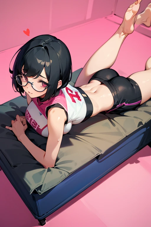 Girl with glasses, short black hair, basketball outfit with crop top and shorts, shy pose, showing her thighs, lying on the bed, top view, showing her back, big breasts, big butt, bare feet, sweating, no basketball, full pink heart-shaped eyes, lying on her back, legs raised, legs spread, tongue out.