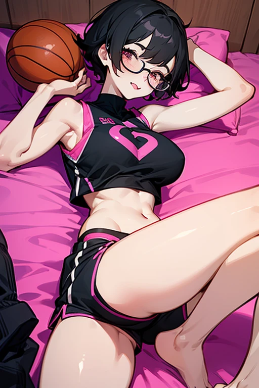 Girl with glasses, short black hair, basketball outfit with crop top and shorts, shy pose, showing her thighs, lying on the bed, top view, showing her back, big breasts, big butt, bare feet, sweating, no basketball, full pink heart-shaped eyes, lying on her back, legs raised, legs spread, tongue out.