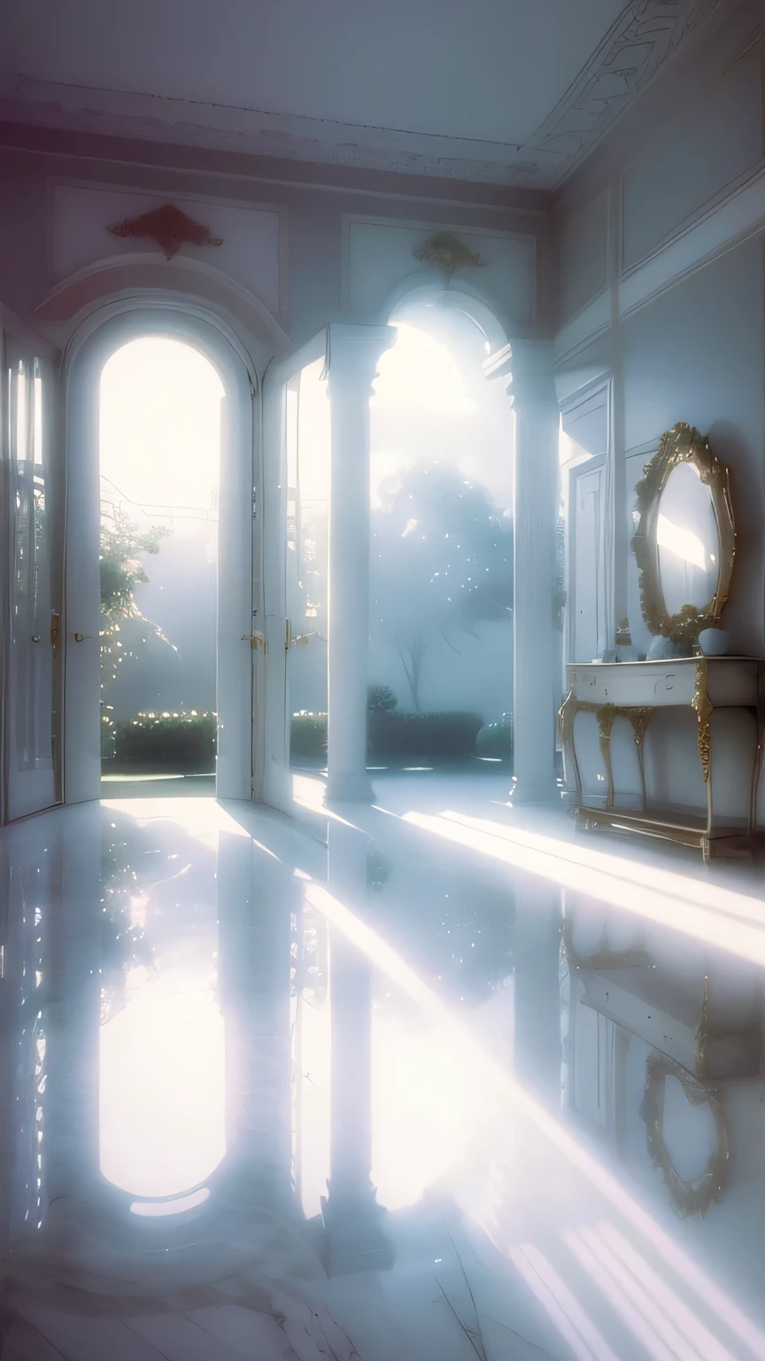 a white dreamy house, garden, retro, foggy, soft focus, year of 1995, cool lighting, muted pastel colors, glowing atmosphere, dramatic, cinematic composition, dream-like quality, ethereal, romantic, soft focus photography, golden hour, windy, marble, golden and mirrors, hazy, thick fogs