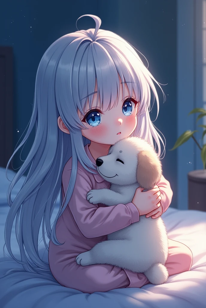 ((best quality)), ((masterpiece)),1 girl， anime girl， Body，Very short，
Silver long hair，in pajamas，Holding a little puppy, night, blue eyes, 