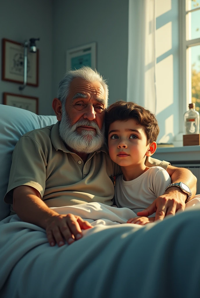 A boy named "Al Amin" sits next to his grandfather in a hospital