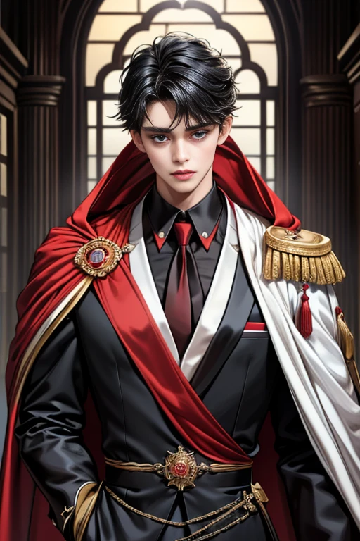 masterpiece, 最high quality, high quality, 1 boy, alone, Male focus, Upper Body,Watching the audience, Messy black hair, Adorable big blue eyes, White, Noble, Noble,A black and red cape that is bursting with sexy volume、Tuxedo、A very voluminous, large, very large, very large, long, long red and black cape with a high stand-up collar, made of a lot of fabric that reaches down to the floor., ,cute beautiful,Cute, cute, kind, handsome guy
