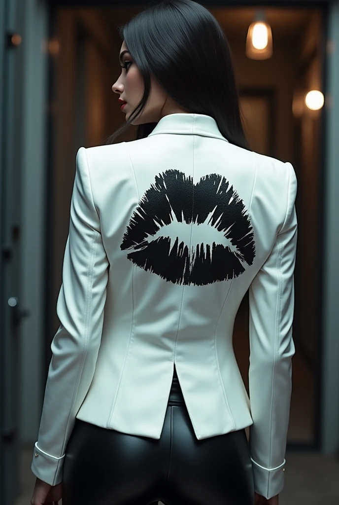 White jacket with black kiss marks on back