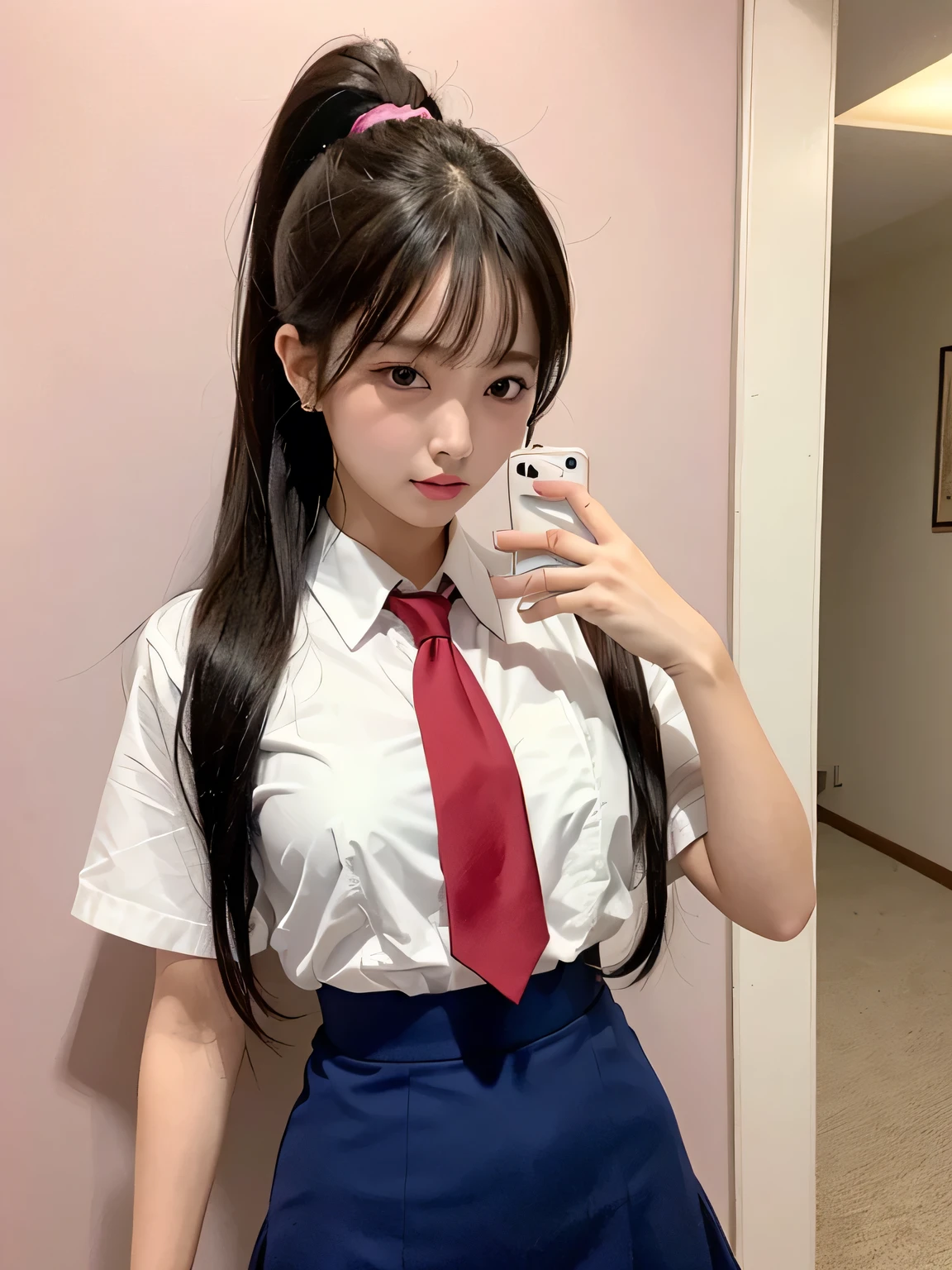(Highest quality、8k、32K、masterpiece、Hmph:1.2)、(masterpiece, Highest quality), Realistic photos, high school girl、ponytail、Instagram, Bright colors, High Dynamic Contrast, Slender figure、thin、Small, shapely breasts、Purple eyes, Lips parted, blush, compensate, A light smile, Red tie、White short-sleeved shirt、sexy、Blue mini skirt、((Two))、sexy、Sweat, Wet, light, Shine, Tight waist, (masterpiece), Pink wall