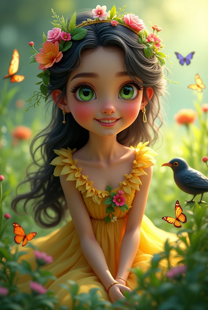 Close-up full body Fantasia chivi 8 years old. Very beautiful smiling eyes, greens , Long dress with flowers in various colors , sitting on the very green grass. Butterflies and blackbird flying