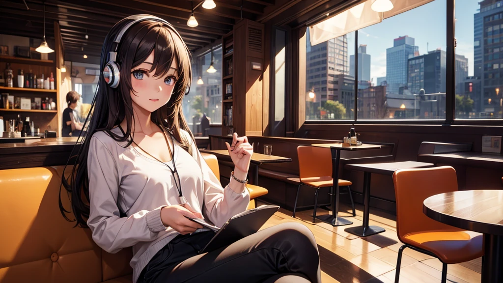 Girl with headphones enjoying music in a cafe　I am studying　Emphasize a little bit of the chest
