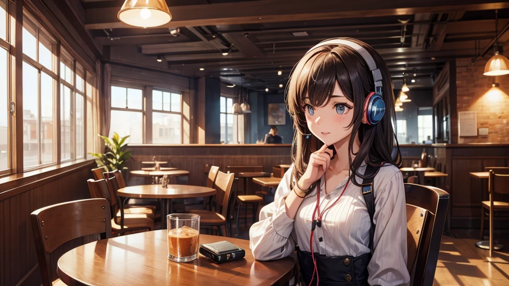 Girl with headphones enjoying music in a cafe I am studying Emphasize a little bit of the chest