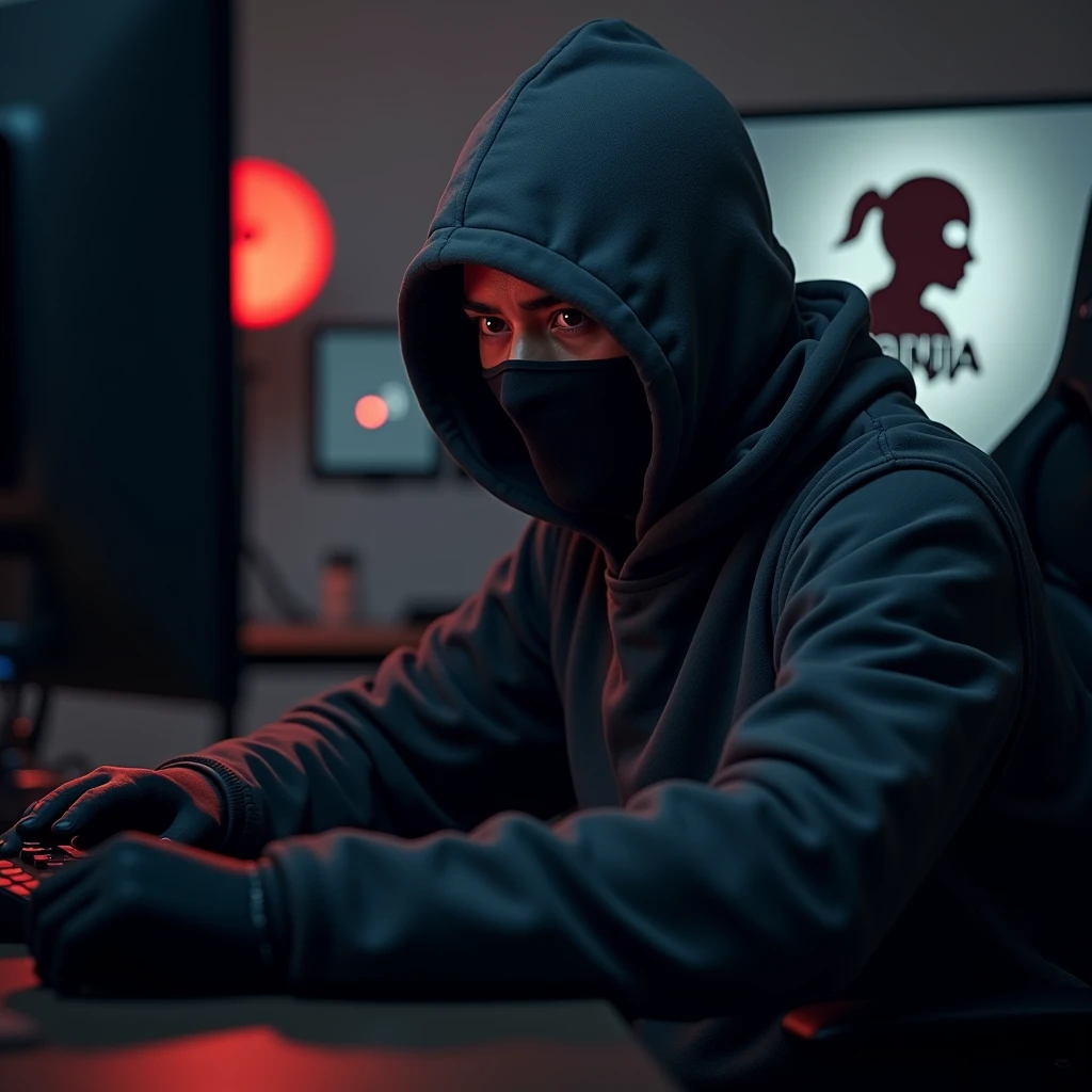 A ninja dressed guy, sitting infront of a gaming pc with headphones on. On the monitor is a background with a logo with a ninja and some text saying "andi2NINJA"