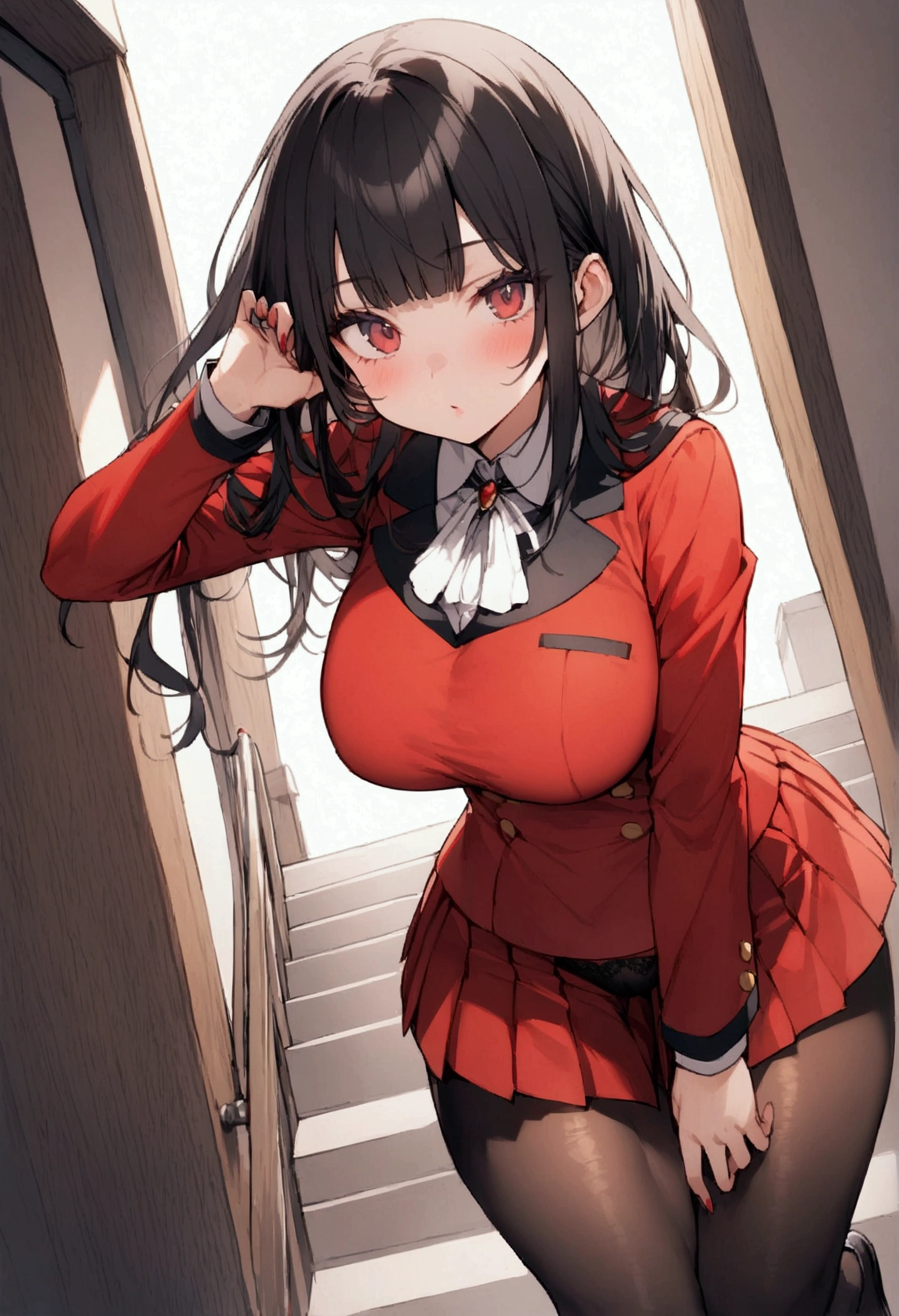 One Woman、beautiful girl, Highest quality, Thick thighs、Big Ass 、Big Breasts、Black Hair、Long Hair、Bangs、Red Blazer Uniform、Angle from directly below、Intimidating attitude、School、Many students behind、Brush your hair up、Pleated skirt、Black Pantyhose、Black panties、walk、Climbing the stairs、Schoolの階段、Raise one leg