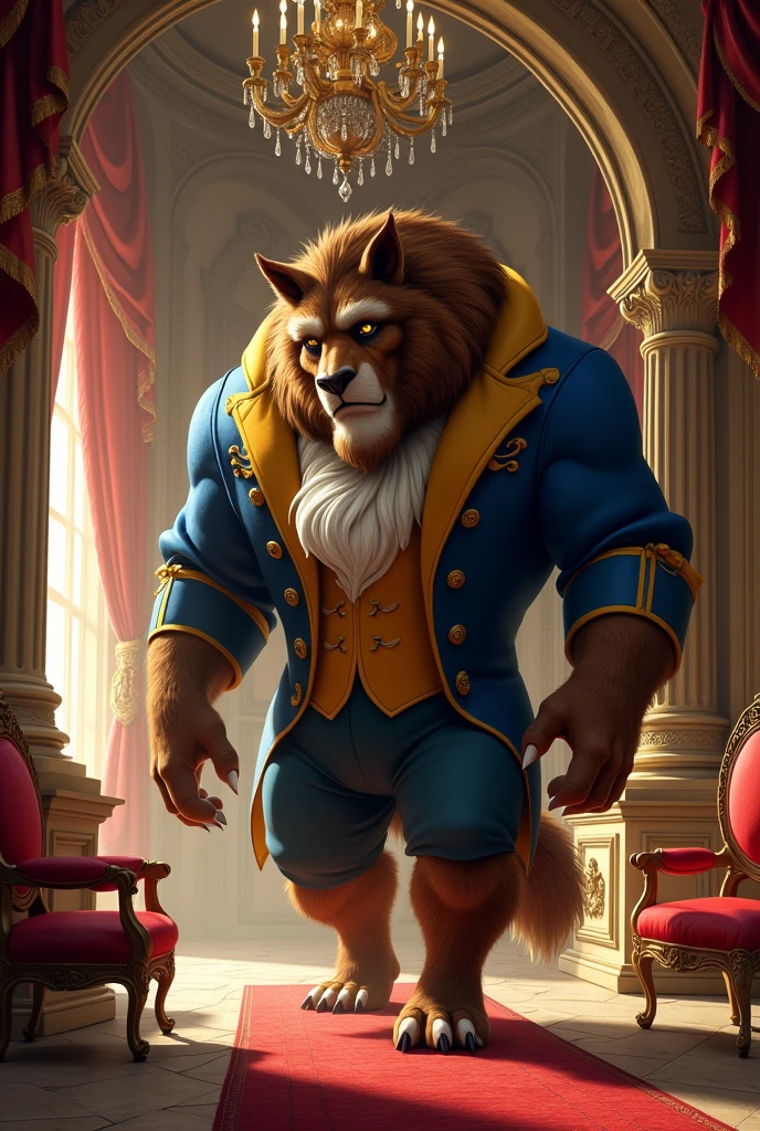 Draw a Disney-like beast walking around inside his luxurious and classic giant castle