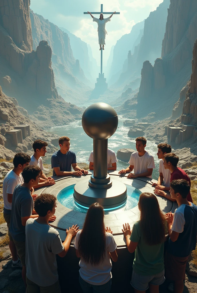 A group of young people with a giant joystick. Ao fundo, a video game battlefield and jesus in the middle.