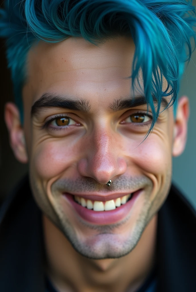 Close up of a man’s bust
He has blue hair sticking out and beown eyes
He has a septum piercing and a squared jaw
He has a mischievous smile and soft eyes