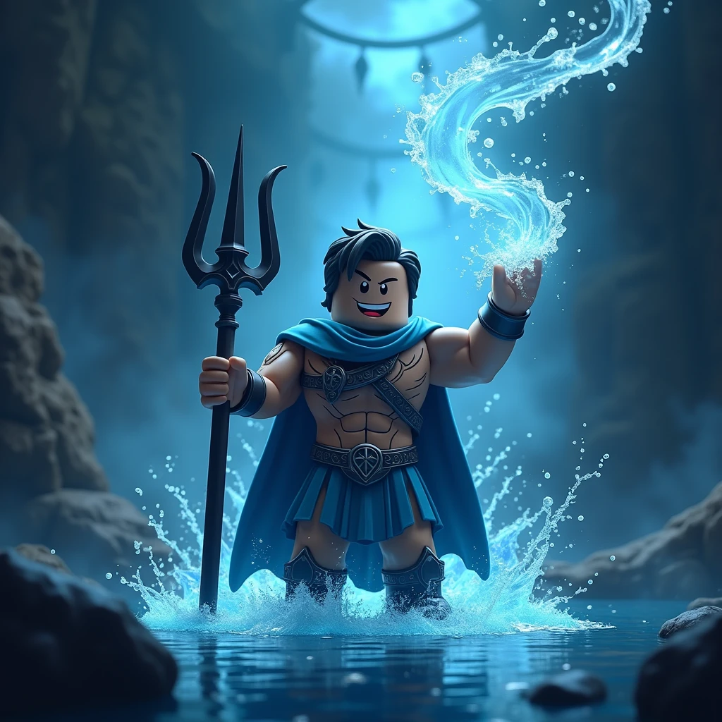 Posidon as a roblox character with his trident shooting water in the dark (add text saying “Gods Of RNG”)