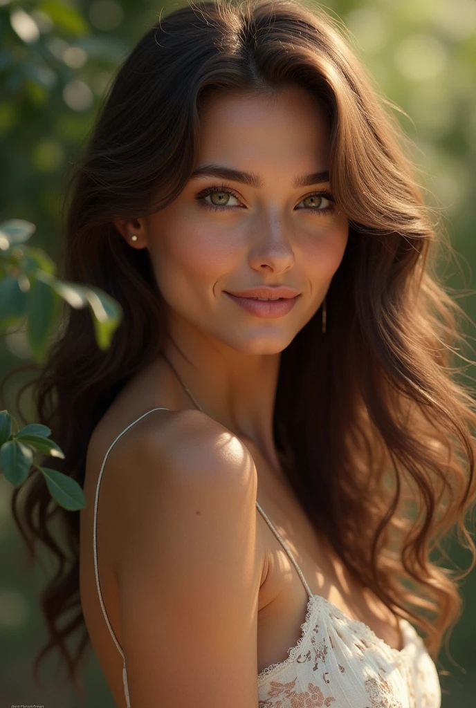 brown hair woman, far away, wavy, eyes browns, white and beautiful smile, y shots, realisitic, real world,