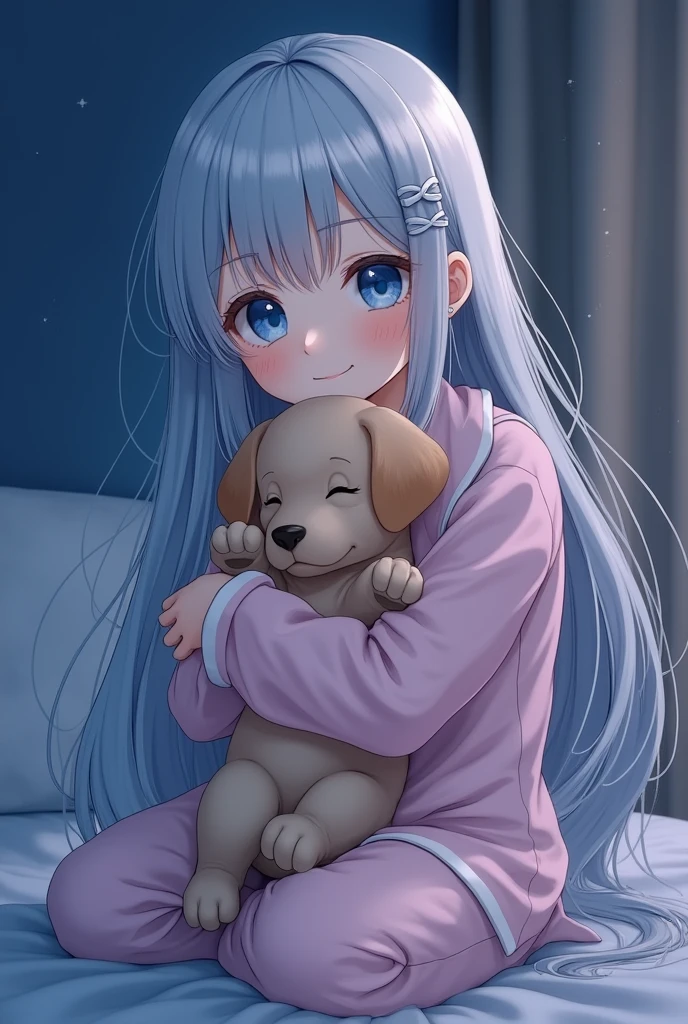 ((best quality)), ((masterpiece)),1 girl, anime girl, Body,Very short,
Silver long hair,in pajamas,Holding a little puppy, night, blue eyes,