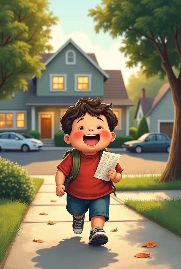 Draw me a picture of a chubby boy going home to show off to his parents.