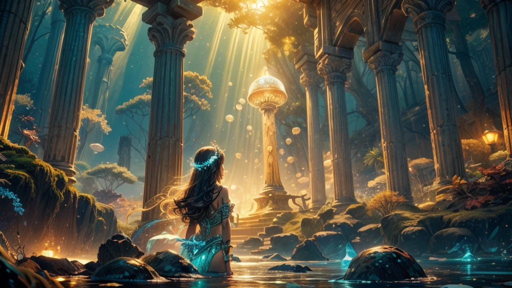 (((masterpiece))), (((Best quality))), ((ultra detailed)),(very detailed computer illustration), ((very subtle and beautiful)),cinematic light, Create a stunning fantasy painting that imitates the style of modern masters of the genre. Aesthetic illustration in a realistic style, View from afar, full-length, In the center of the image is Ariel, in the background is a symmetrical underwater lost temple, Ariel in an Ancient Underwater Temple: Ariel exploring an ancient, sunken temple adorned with intricate carvings and statues. The temple is partially covered in seaweed and algae, with glowing orbs floating around, casting a mystical light on the scene. Gentle and very beautiful mermaid of the underwater kingdom Ariel, long hair, cute face, glowing headband, sparkling scales, Dynamic pose, Strong contrast, Good depth of field, 8K wallpaper, Masterpiece, Aesthetic illustration in realistic style, best quality, natural light, high res, highly detailed, All the colors and materials in this work are very harmoniously combined