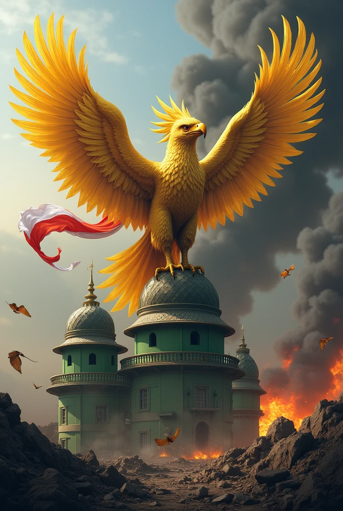 A golden Garuda bird with 17 wings and 8 tail feathers is carrying a red and white flag and looks angry standing on top of two round green buildings that are destroyed surrounded by black smoke.