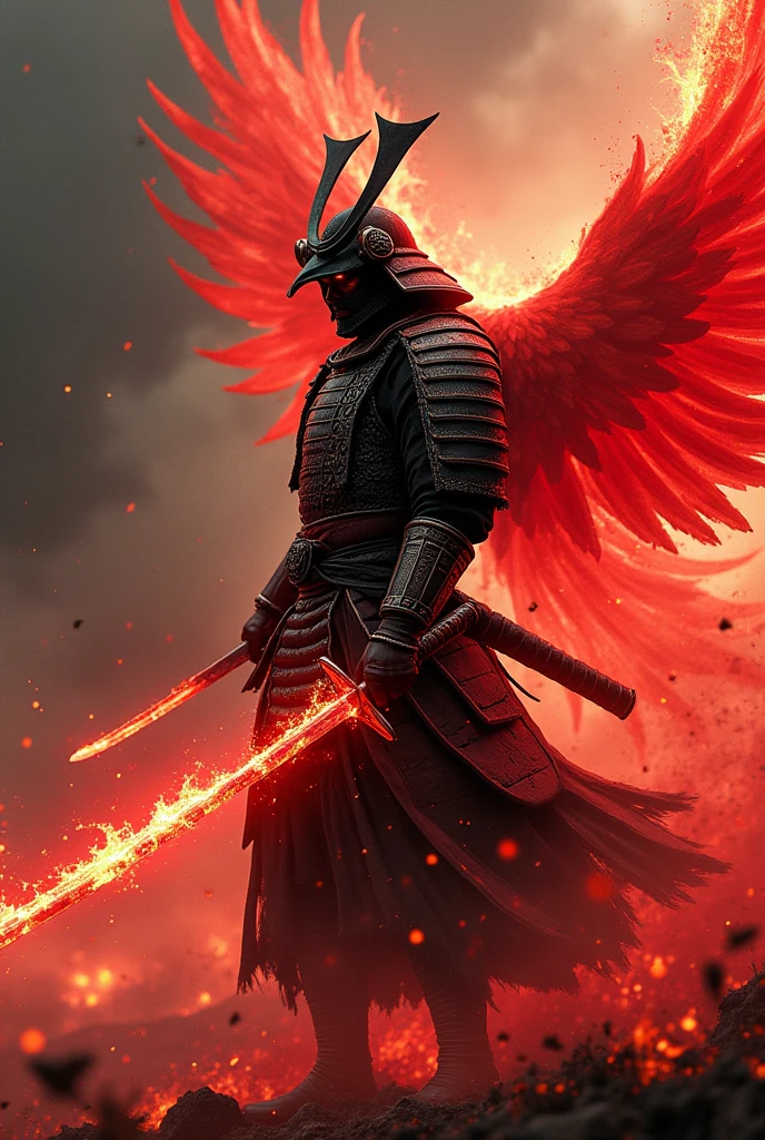 masterpiece、最high resolution、high resolution、Detailed Description、beautiful、art、One Samurai、Samurai surrounded by red flames、Beautiful armor、Wearing a red aura、Samurai brandishing a sword、Sharp-eyed Samurai、A glare at me、The sword is engulfed in red flames、battlefield、red phoenix on background、A tense scene、Ink Painting、Movie poster motif、Inspired by The Last Samurai、4K Graphics、