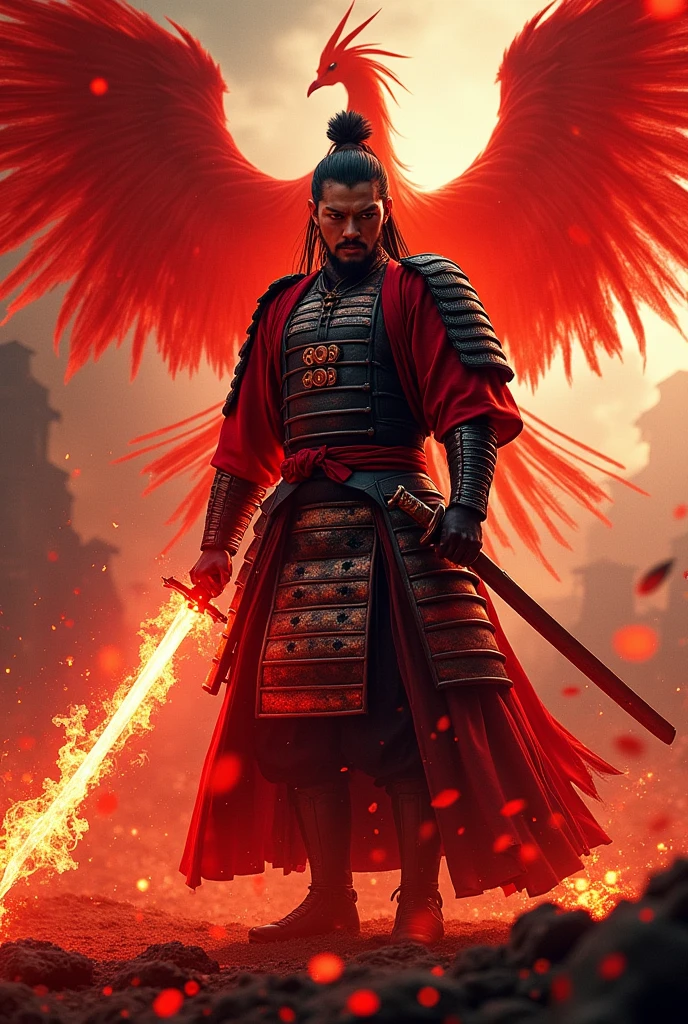 masterpiece、最high resolution、high resolution、Detailed Description、beautiful、art、One Samurai、Samurai surrounded by red flames、Beautiful armor、Wearing a red aura、Samurai brandishing a sword、Sharp-eyed Samurai、A glare at me、The sword is engulfed in red flames、battlefield、red phoenix on background、A tense scene、Ink Painting、Movie poster motif、Inspired by The Last Samurai、4K Graphics、