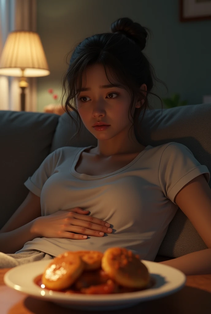 Show a female person lying on the sofa, with his hand on his belly and an expression of discomfort, looking at a plate of greasy food on the table.