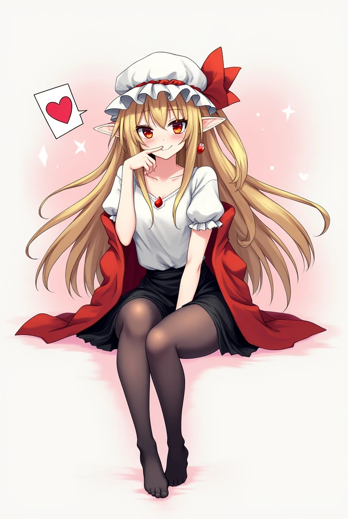 best quality, masterpiece, high resolution, alone, {flandre_scarlet_touhou:1.15}, long blonde hair with red streaks at the tips, big red eyes, small elf ear and a ruby ​​colored earring in her left ear, bangs with a red streak in the middle, sunglasses on her head, one side up, flirtatious smile, blush, smile, white headdress, a light white short-sleeved blouse with a low neckline on the upper body, hair between her eyes, a red coat overlaid between her wrists, below a very sexy black skirt, thick thighs, pronounced hips, the girl is slim, blushing cheeks, long straight hair, white skinned girl, 1 girl, looking at the viewer smiling flirtatiously, sexy black skirt, light blouse, short sleeves, simple background, the girl is sitting crossing her left leg flirtatiously, she has slightly transparent black nylon stockings that reach her knee, white background, white shirt, ruffles, long hair, low-cut t-shirt, girl with super small tits, a speech bubble with a red heart.