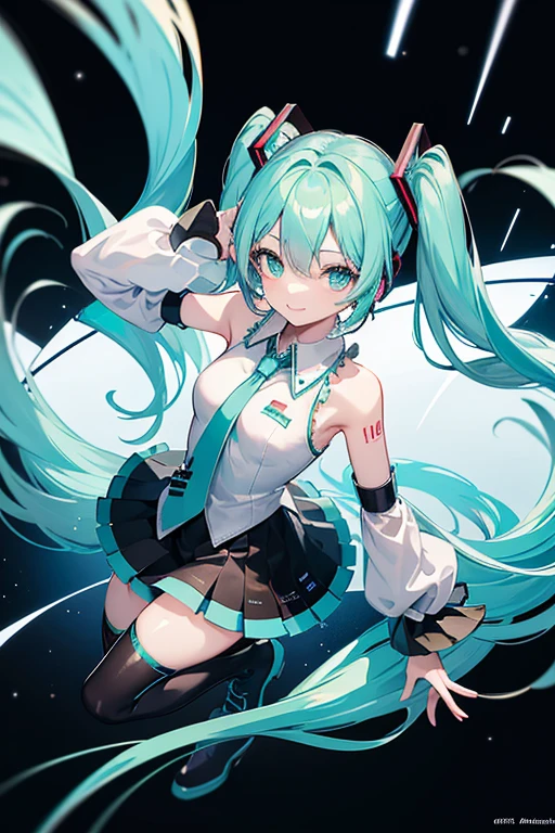 ((Highest quality)), ((masterpiece)), Official Art Unity 8k Hatsune Miku Hatsune Mikuコスプレ black sleeves Sleeveless shirt White shirt fringe smile Black knee socks Twittail Hair Very long hair Aqua Eye Aqua Hair Removable sleeves Micro Mini Skirt aqua necktie Thigh-high boots
(((From above)))