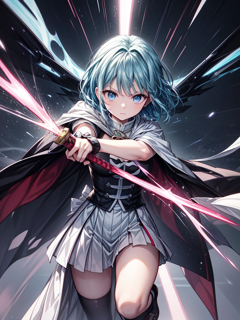A highly detailed illustration of Sayaka Miki from "Puella Magi Madoka Magica" in the midst of a battle, performing the "Hekireki Issen" technique from "Demon Slayer: Kimetsu no Yaiba." She is in her magical girl form, wearing her blue and white outfit with a flowing cape. Her short blue hair is tousled, and her expression is intense with determination. She holds her sword in a ready stance, and in an instant, she charges forward with lightning speed, unleashing the Hekireki Issen. The scene captures the electric energy coursing around her blade and body as she moves with blinding speed, creating a striking contrast against the dark, chaotic background. The perspective is from a third-person viewpoint, as if someone is witnessing the sheer power and speed of her attack, with the environment around her blurring due to her rapid movement. The art style should be anime-like, emphasizing the intensity, speed, and dramatic impact of the moment