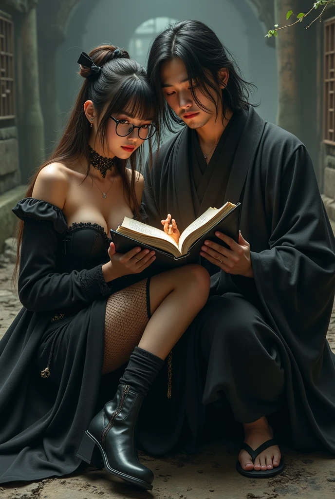 Caucasian female, long hair with bangs and brown, eyes black, round eyeglasses, espartilho preto, black skirt and black coat, wearing black boots and fishnet stockings, holding magic book with a tall man, white long black hair, eyes black orientais, wearing a Japanese kimono and sandals with socks