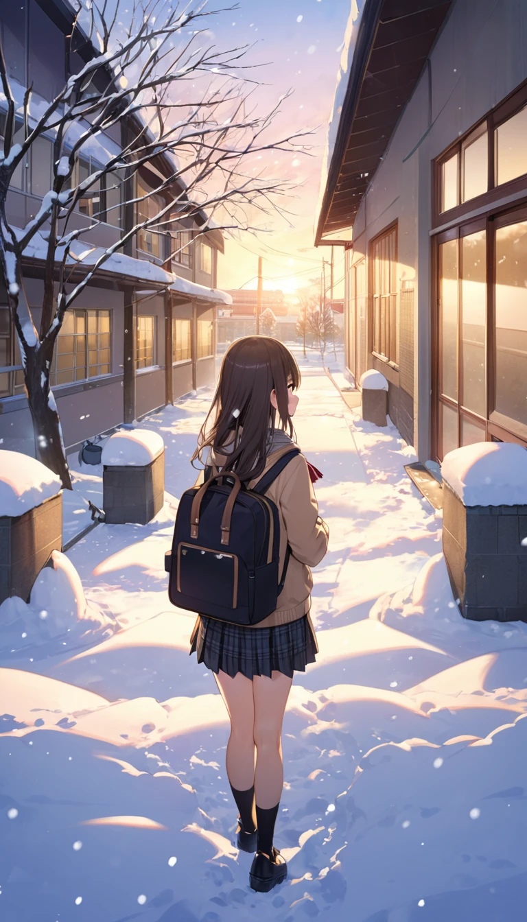 One Woman、beautiful girl、after school、evening、high school girl、School、Back of the school building、winter、Keyaki Tree々、Snow all over、it's snowing、Snowfall、Blazer Uniform、Pleated skirt、Duffle coat、Scarf、Black knee-high socks、Long Hair、Scarfを着用する、Highest quality、Ultra HD、 Black Pantyhose、Thick thighs、Big Ass、Black Hair、Black panties、White Breath
