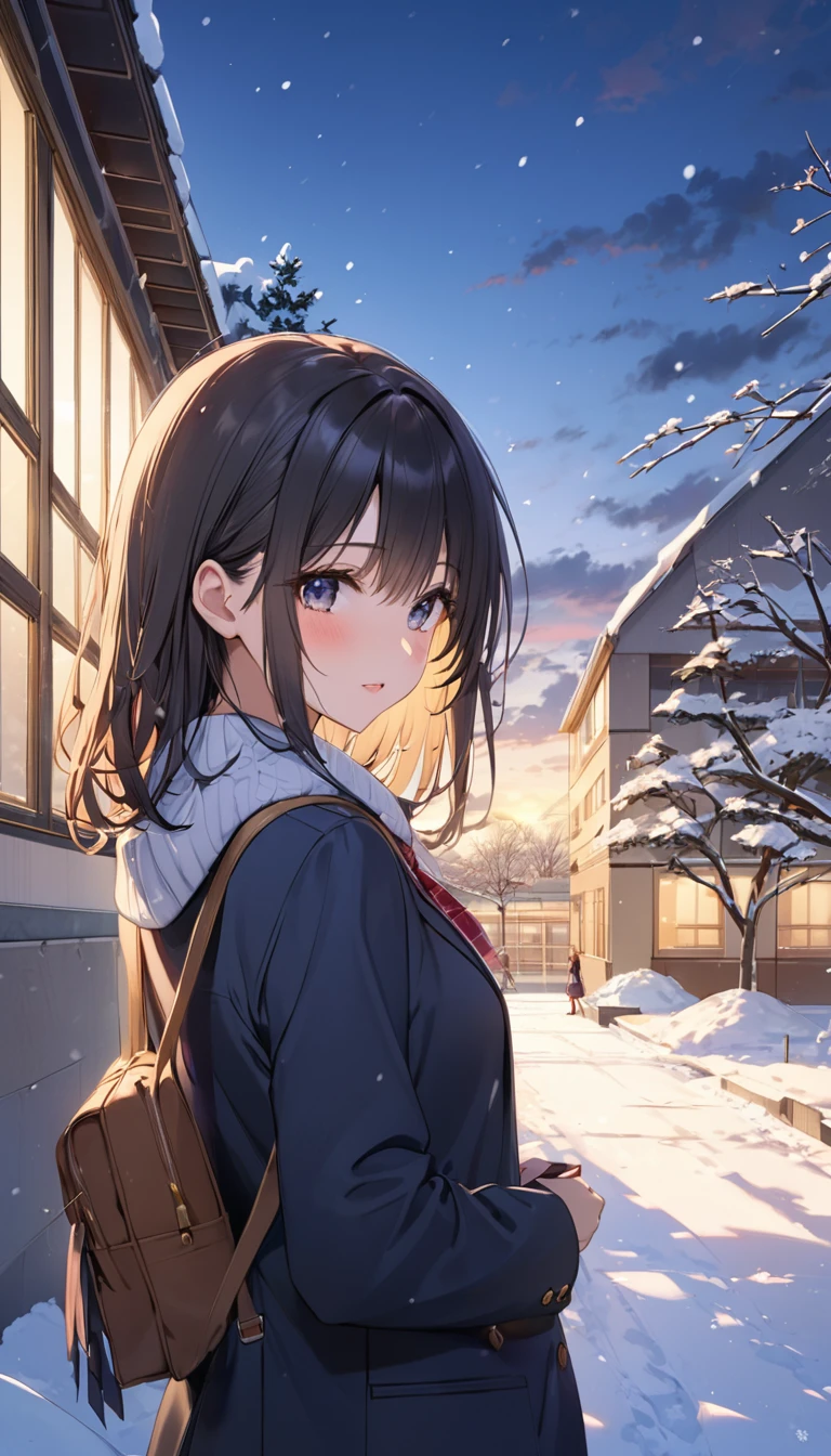 One Woman、beautiful girl、after school、evening、high school girl、School、Back of the school building、winter、Keyaki Tree々、Snow all over、it&#39;s snowing、Snowfall、Blazer Uniform、Pleated skirt、Duffle coat、Scarf、Black knee-high socks、Long Hair、Scarfを着用する、Highest quality、Ultra HD、 Black Pantyhose、Thick thighs、Big Ass、Black Hair、Black panties、White Breath