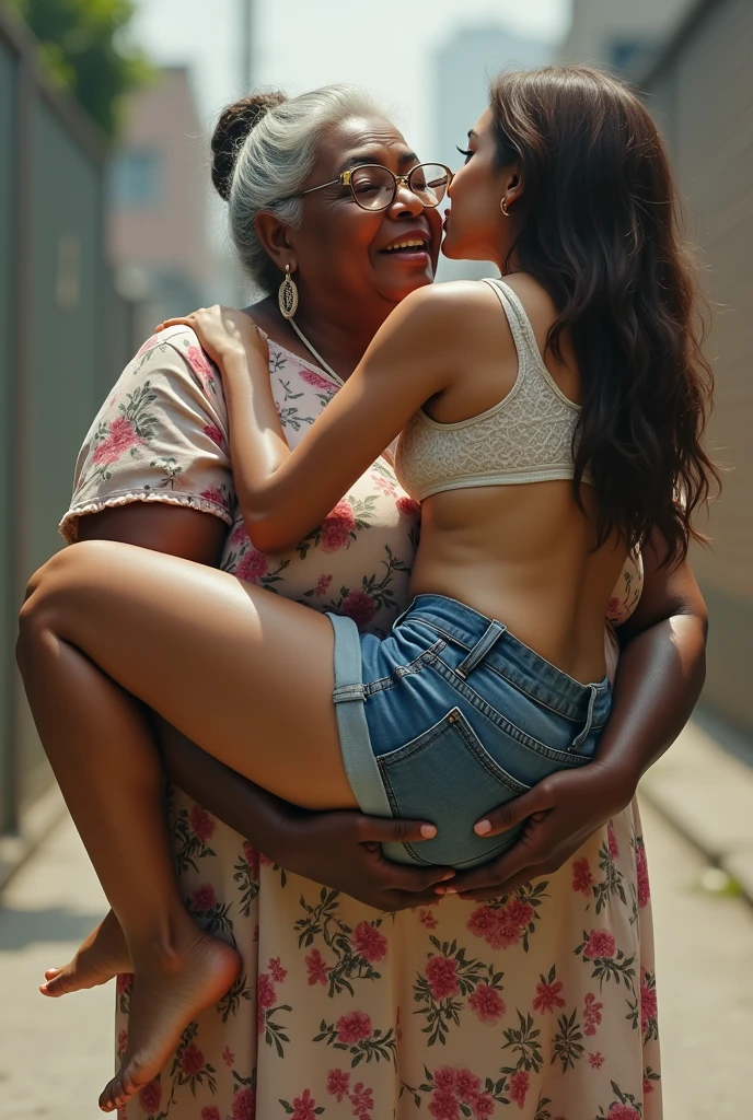 Create an image of a 90 year old lady, dark-skinned, that is fat, is wearing a floral dress and glasses. She is carrying on her right shoulder a young adult woman of 35 years of age., De pele clara, who has long brown hair, wearing denim shorts and a white lace bra and is being carried face down on the lady's shoulder, who is grabbing her by the buttocks