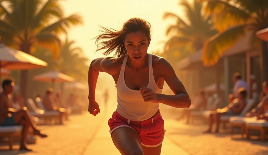 The protagonist running in the sun, drenched in sweat, while others are shown lounging, laughing, and clubbing. The protagonist’s face is determined, eyes fixed on the goal.