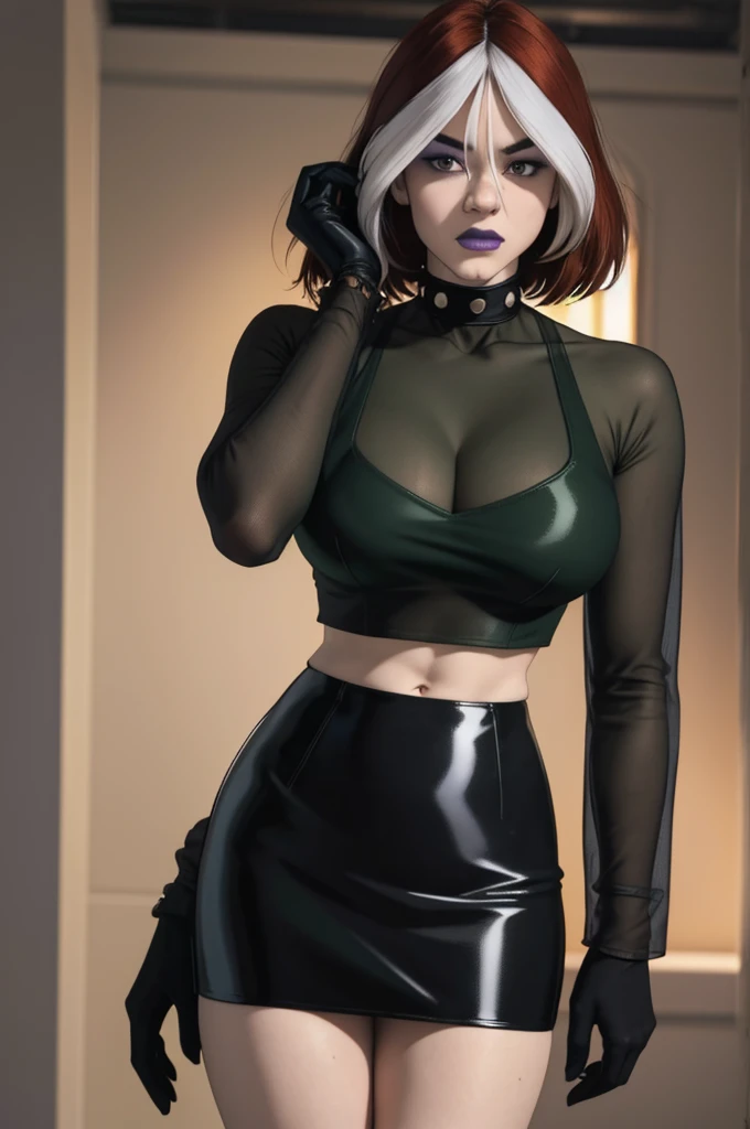 straight-on,pose,looking at viewer,solo, BREAK,
CARTOON_rogue_greentop_ownwaifu, www.ownwaifu.com,
two-tone hair, brown hair, white hair, short hair, makeup, lipstick, hair between eyes, breasts, grey eyes, purple lips, eyeshadow, nose, medium breasts, split-color_hair, lips, pale skin, toned, narrow waist, curvy,
spiked collar, collar, black gloves, shirt, black skirt,black pants, see-through, cleavage, green jacket, long sleeves, crop top, miniskirt, spiked bracelet, pencil skirt, silk,
BREAK, official art,extremely detailed CG unity 8k wallpaper, perfect lighting,Colorful, Bright_Front_face_Lighting,shiny skin, (masterpiece:1.0),(best_quality:1.0), ultra high res,4K,ultra-detailed, photography, 8K, HDR, highres, (absurdres:1.2), Kodak portra 400, film grain, blurry background,(vibrant_color:1.2),professional photograph,enormous massive gigantic big large fat absurde sagging breasts, enormous massive gigantic big large fat absurde sagging saggy breasts