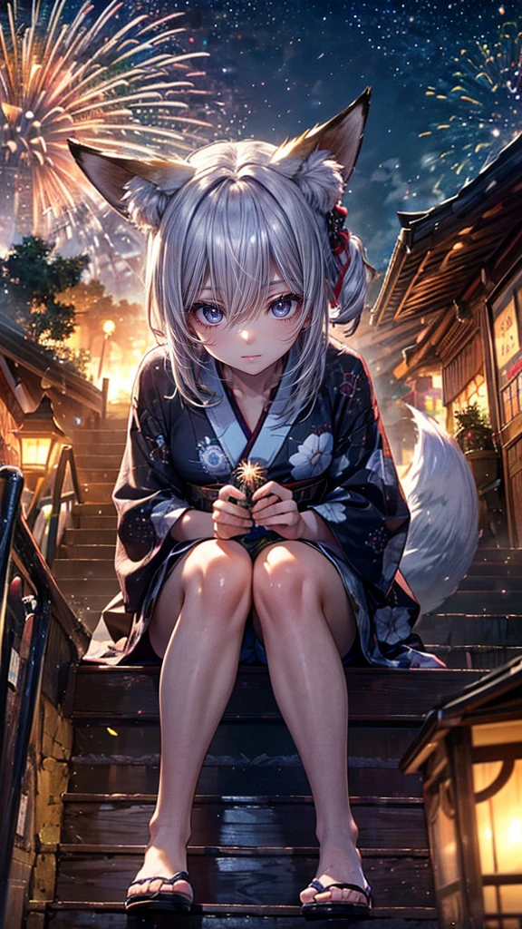 High resolution, Winner of numerous awards, Ultra high definition, Textured skin, retina,
masterpiece,(bestquality),highlydetailed,ultra-detailed,1girl, (A composition where a girl is sitting on ロボット:1.4)(Look to the side)(natural lighting,confidentexpression),(The grounds of an empty shrine)(Staircase under the stairs、fair、festival:1.2)(The view from above)(panorama:1.2),Fireworks in the sky smile,angle、chrome,raw(A beautiful girl with silver hair and fox ears in a yukata:1.5)(Fireworks lighting)(Looking down:1.4)(Looking down angle)(firework:0.8)(Fox's Tail)Holding cotton candy